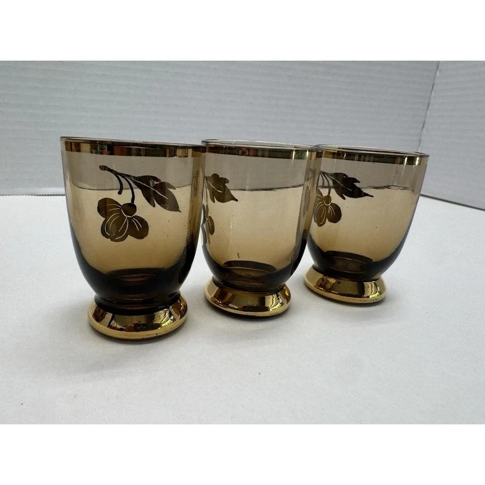 VTG Bohemian Amber Glass Decanter Set Gold Gilt Enamel Flowers 4 Pc Czech NICE